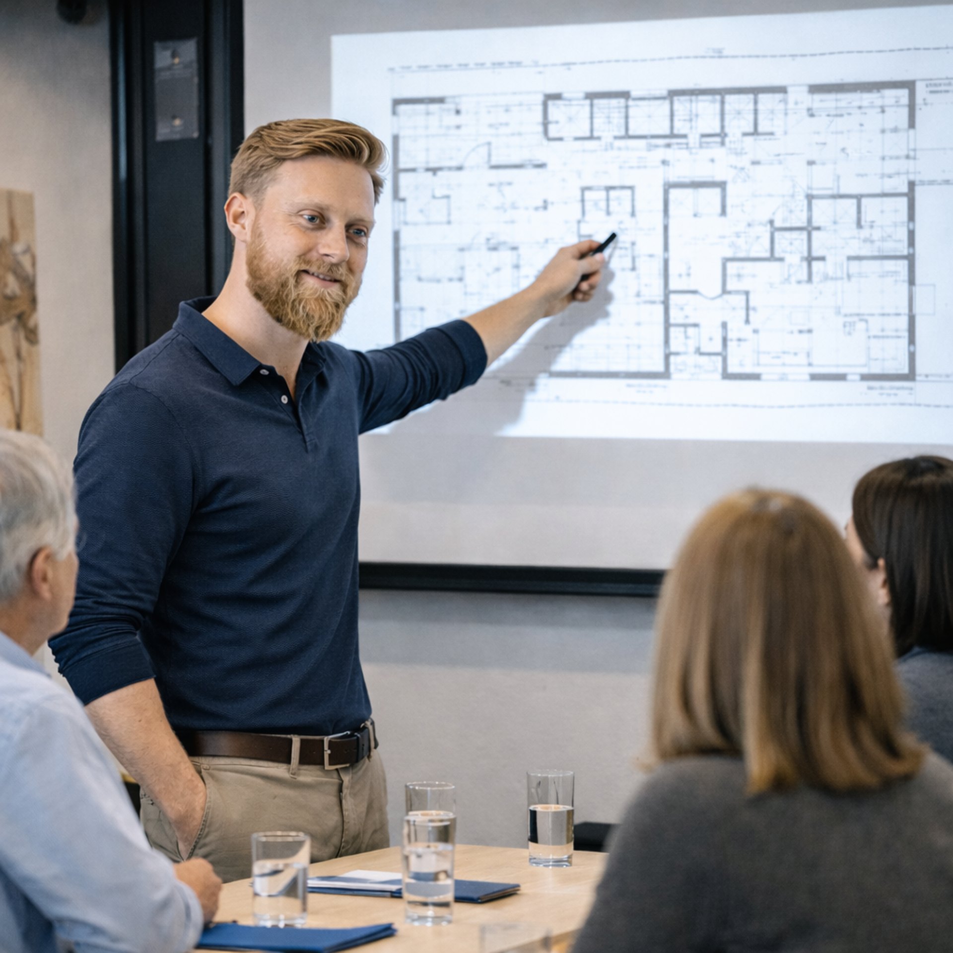 Benjamin Bertram bei der Projektbesprechung an einem Grundriss.