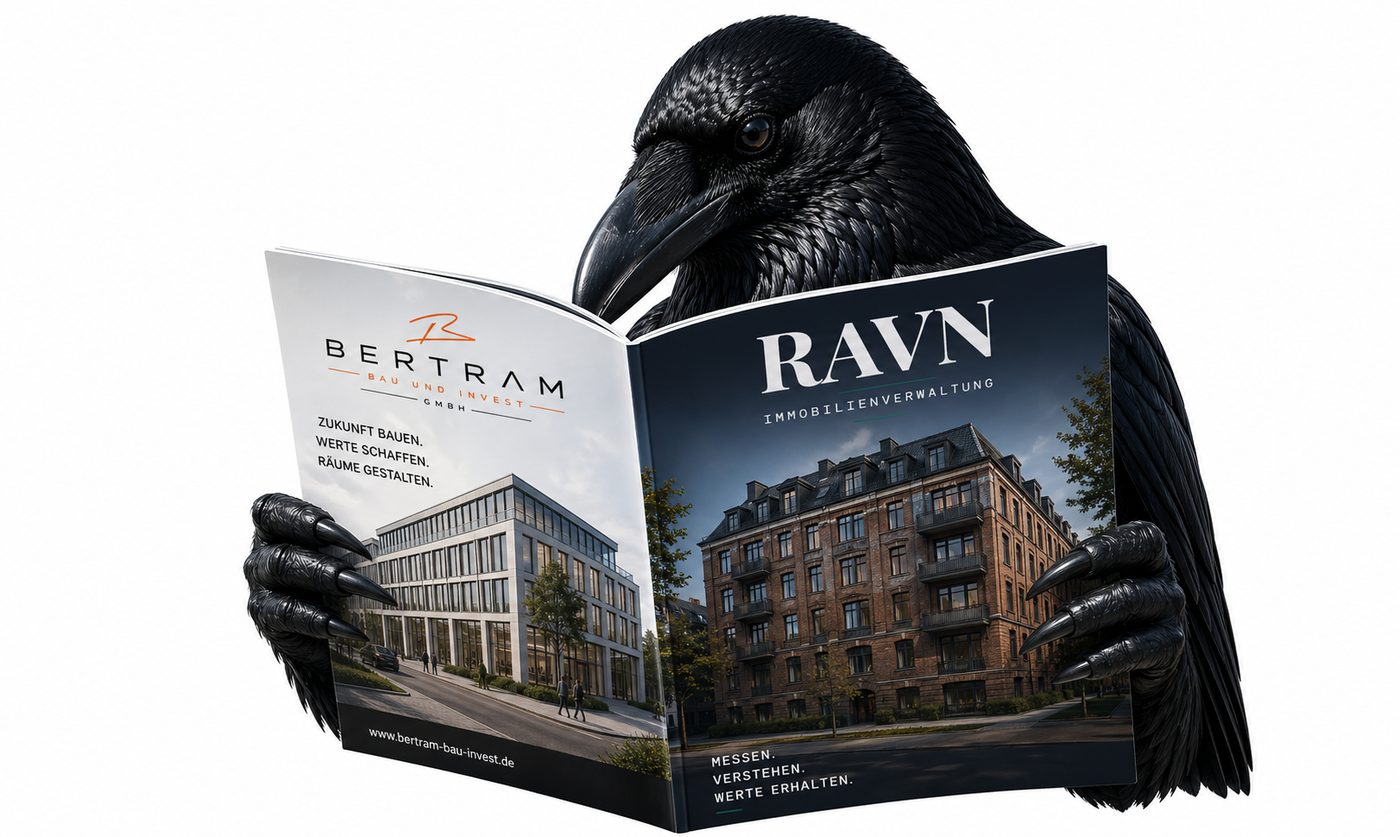 Ein Rabe liest die RAVN- und Bertram-Magazinausgabe.